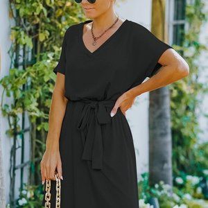 Black V Neck Waist Tie Mini Dress